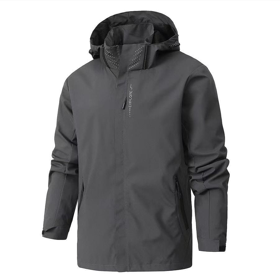 Dark gray waterproof hiking jacket for men with hood water-resistant material and subtle brand logo on the left chest.