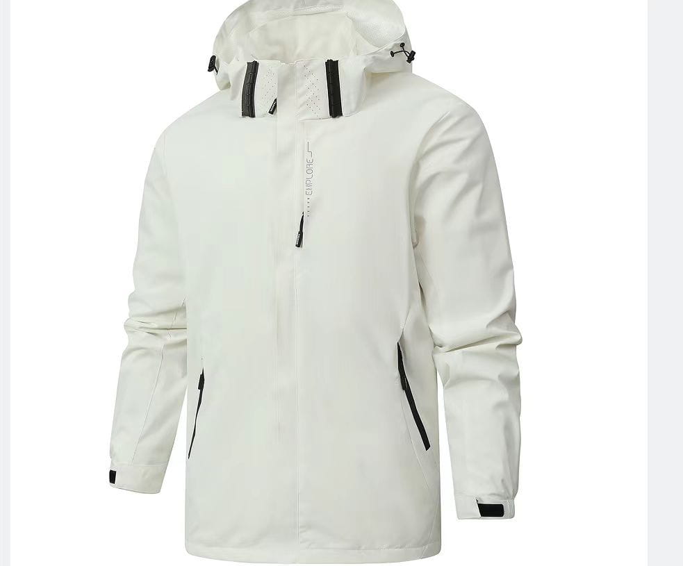 white waterproof hiking jacket for men with black zipper accents and a hood designed as a hooded windbreaker.