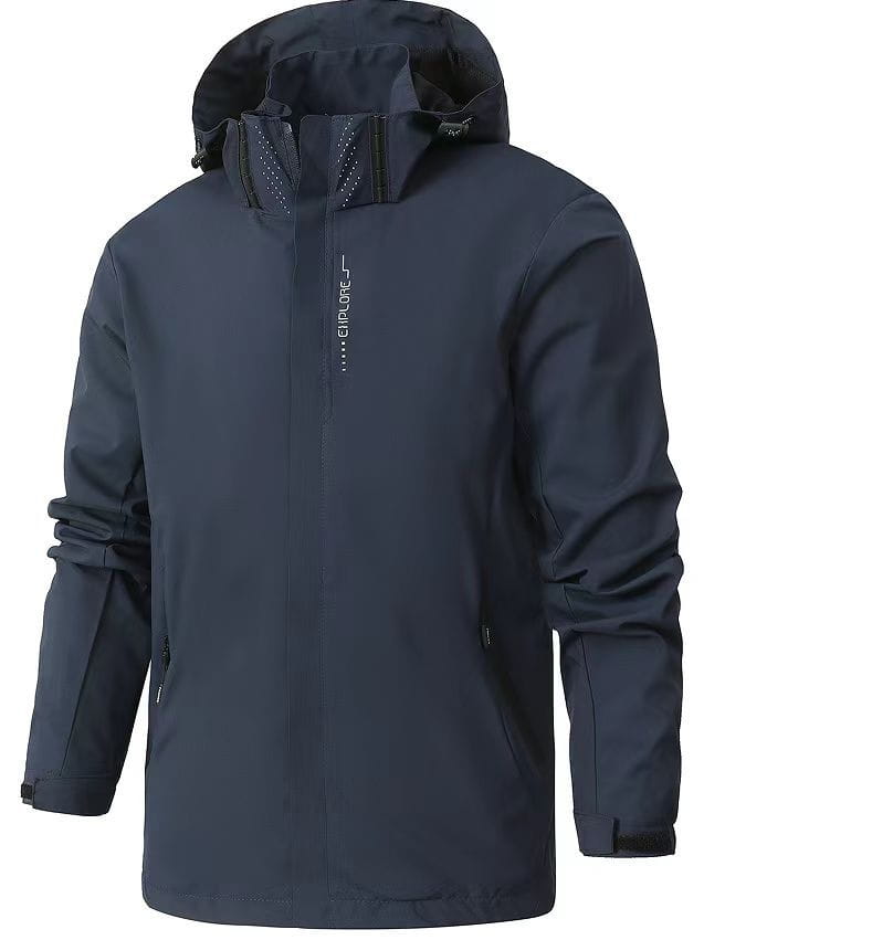 Dark navy blue waterproof hiking jacket for men with hood and subtle white logo on the chest designed as a windbreaker.