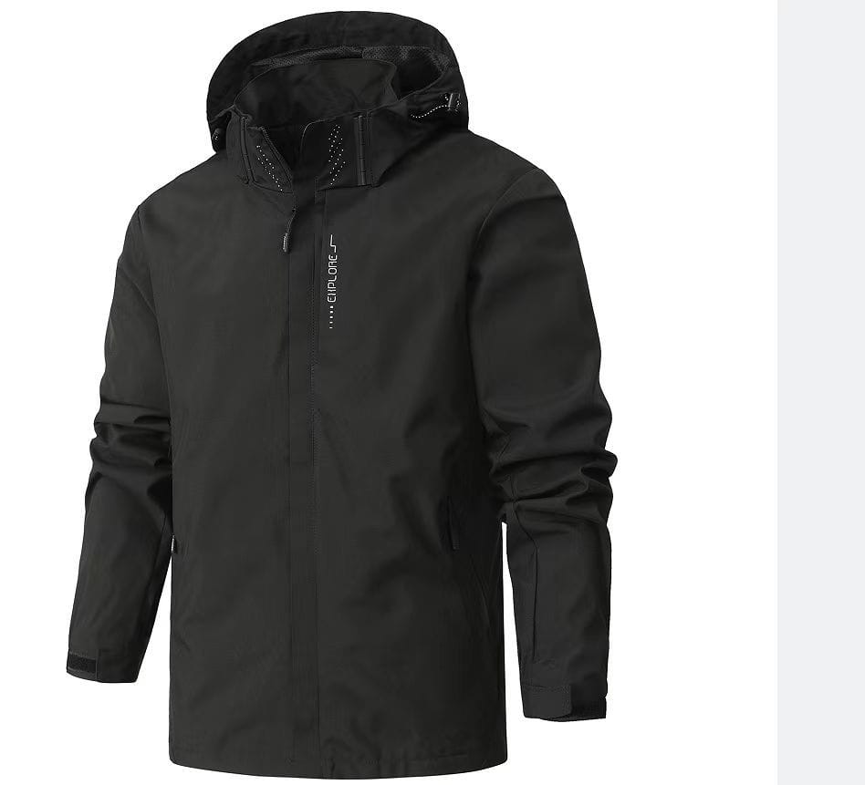 Black explore brand waterproof hooded jacket with sleek modern design and subtle vertical branding on the left chest designed as a waterproof hiking jacket men hooded windbreaker.
