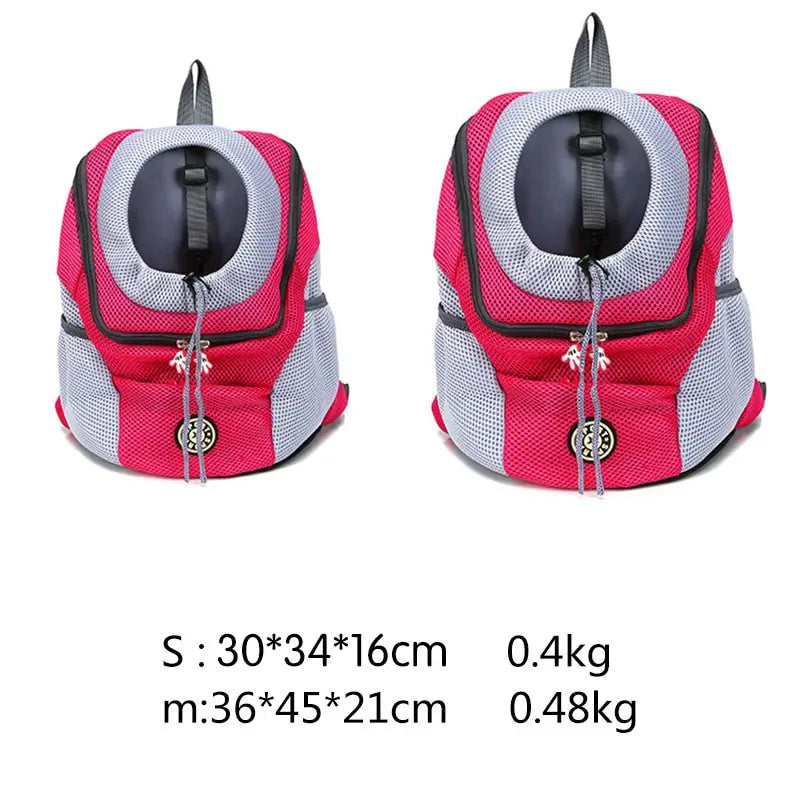 Breathable mesh pet carrier backpack for travel in pink and gray mesh with black accents featuring a circular opening for the animal’s head.