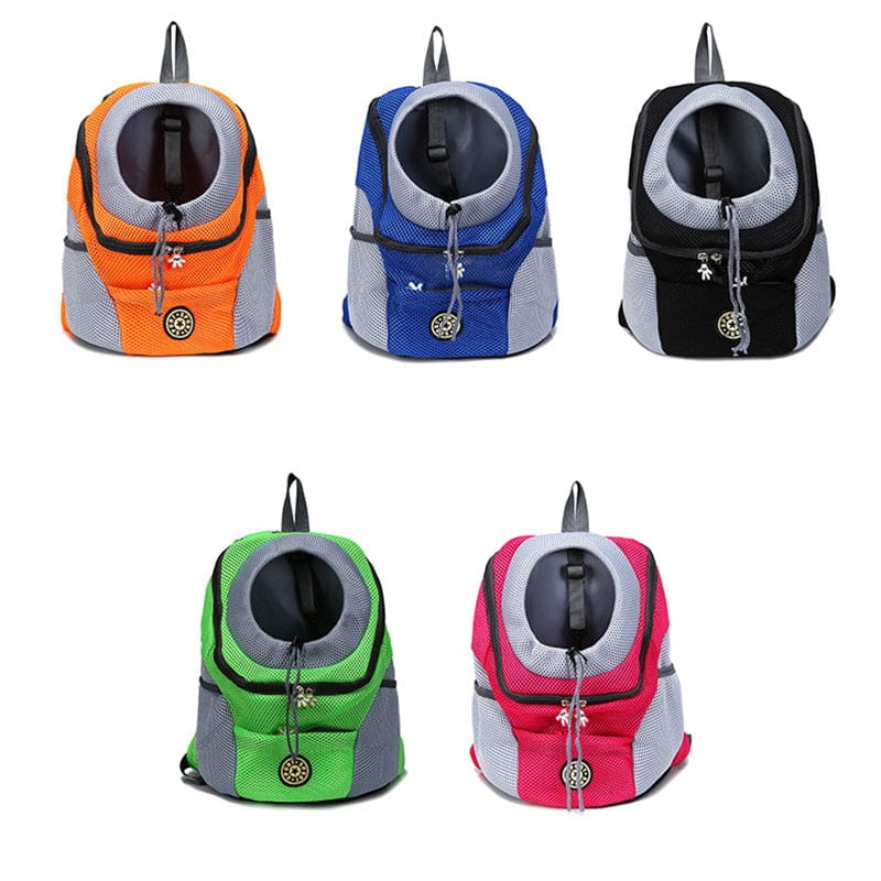 Breathable mesh pet carrier backpacks for travel in vibrant orange blue black green and pink with mesh panels and gray accents.