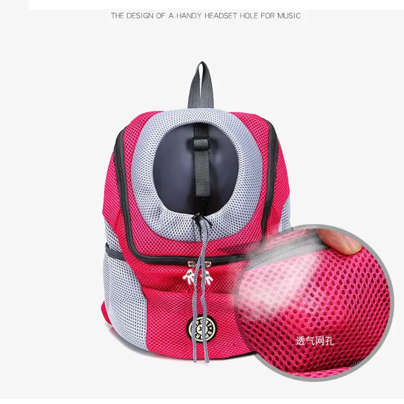 Breathable mesh pet carrier backpack for travel in pink and gray with a black headset hole for music.