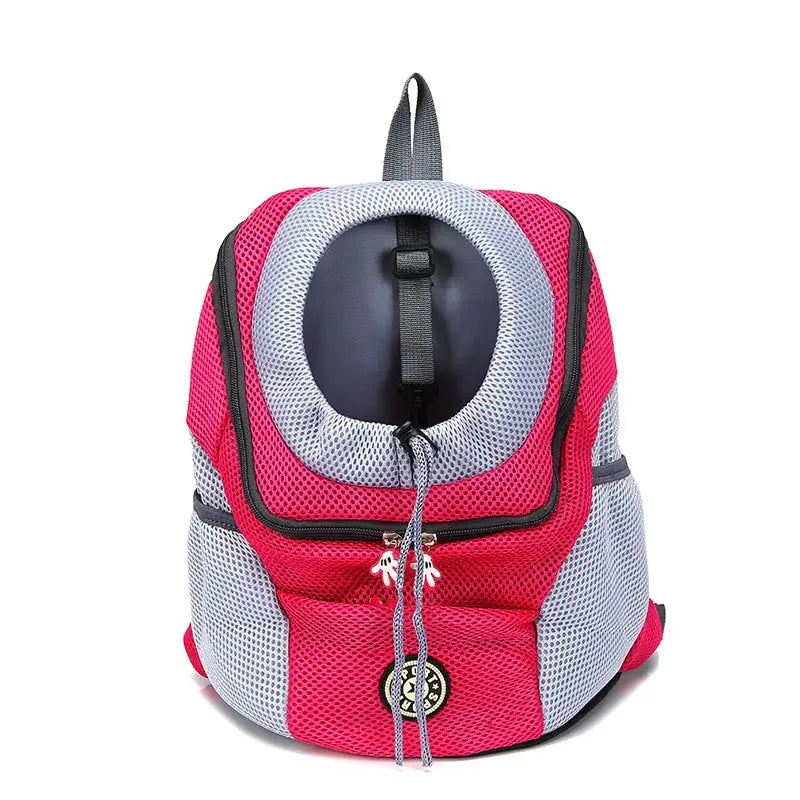 Breathable mesh pet carrier backpack for travel in pink and gray with a circular opening, black zipper pulls, and a small round logo on the front.