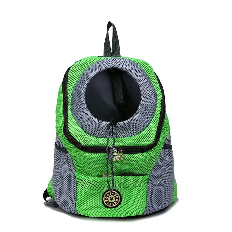 Bright green and gray breathable mesh pet carrier backpack for travel featuring a circular opening black zipper pulls and decorative charms.