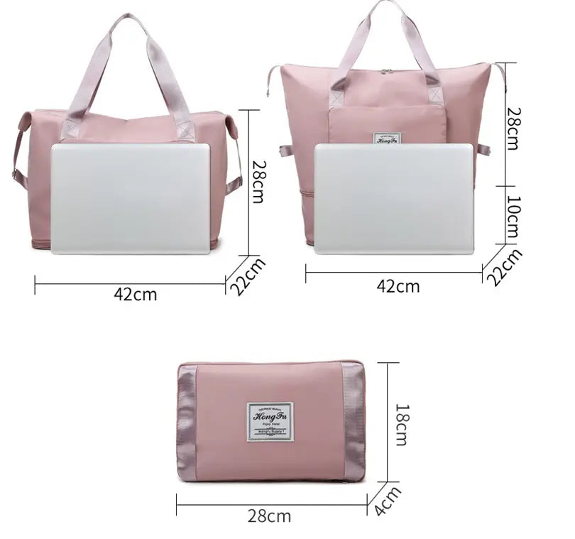 Pink foldable waterproof travel duffel bag with light gray handles and a white hong fu label featuring a shoe pocket for gym and travel use.