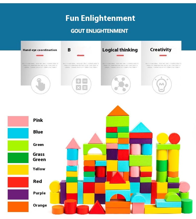 A vibrant set of colorful wooden building blocks in assorted geometric shapes and sizes arranged to form playful structures from the wooden building blocks 100 piece geometric toy set.