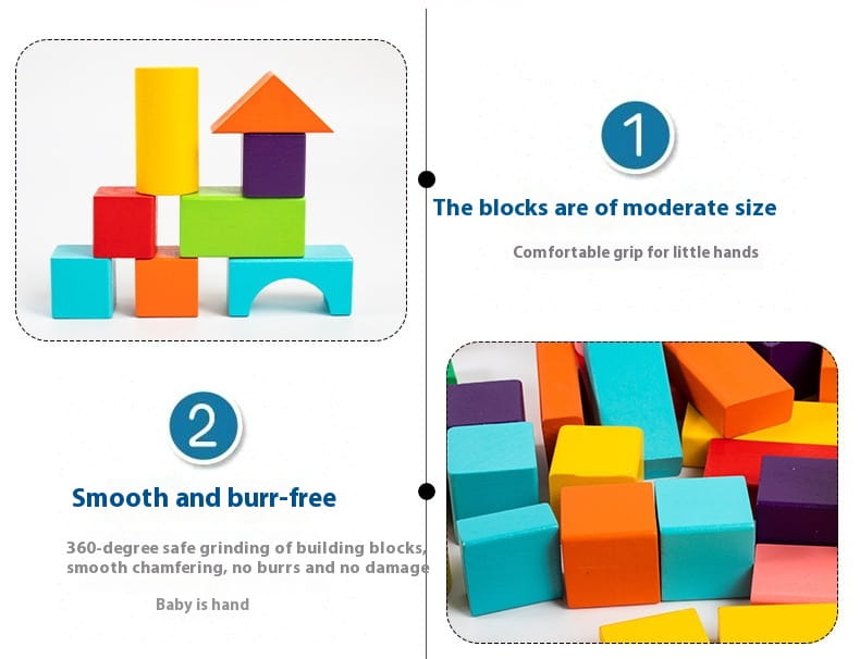 Brightly colored soft foam building blocks in assorted shapes and sizes from a wooden building blocks 100 piece geometric toy set.