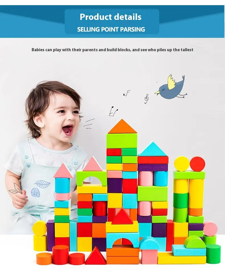 A vibrant set of colorful wooden building blocks in various shapes and sizes arranged to form a playful castle structure from the wooden building blocks 100 piece geometric toy set.