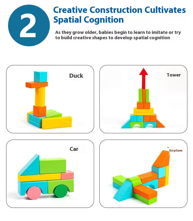 Colorful wooden building blocks from a 100 piece geometric toy set arranged to form a duck tower car and airplane.