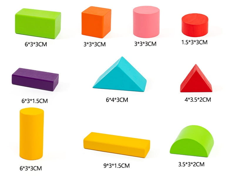 Bright green rectangular wooden block measuring 6 by 3 by 3 centimeters from a wooden building blocks 100 piece geometric toy set.
