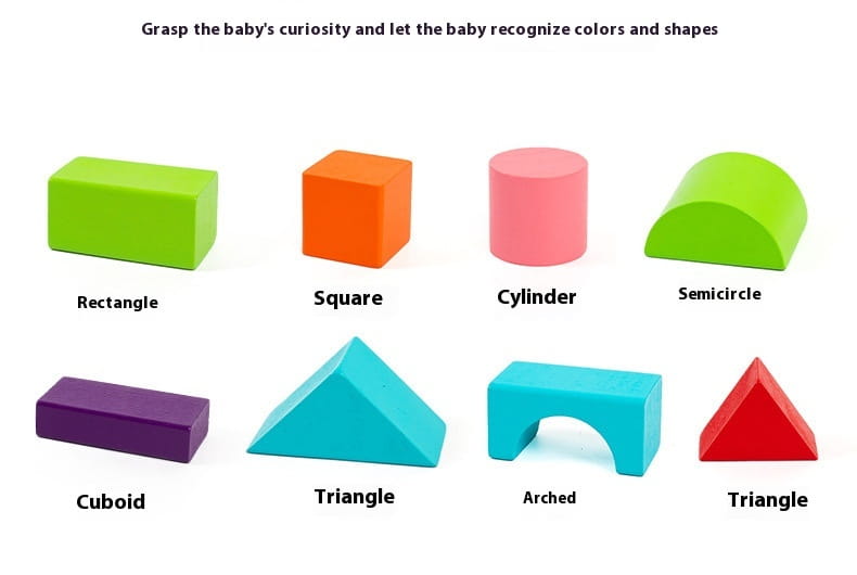Bright green rectangular wooden block from a wooden building blocks 100 piece geometric toy set for children.