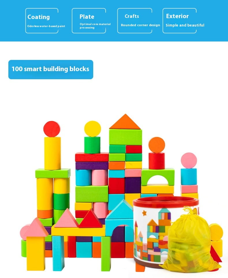 A vibrant set of 100 colorful wooden building blocks with rounded corners and a water-based paint coating arranged in playful castle structures from the Wooden Building Blocks 100 Piece Geometric Toy Set.