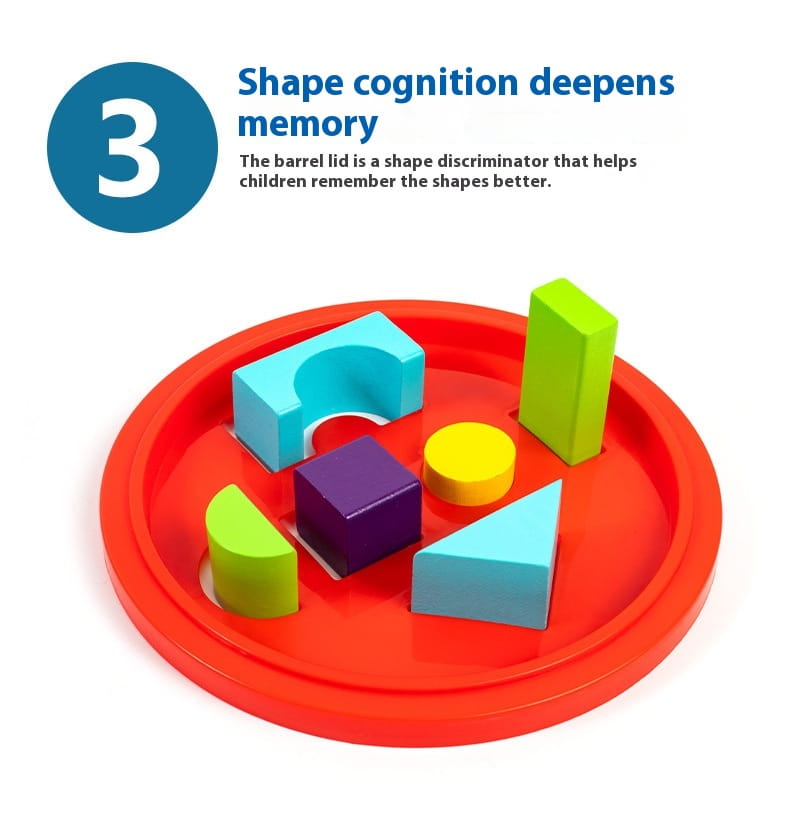 Bright red circular plastic tray holding colorful wooden geometric shapes from a wooden building blocks 100 piece geometric toy set.