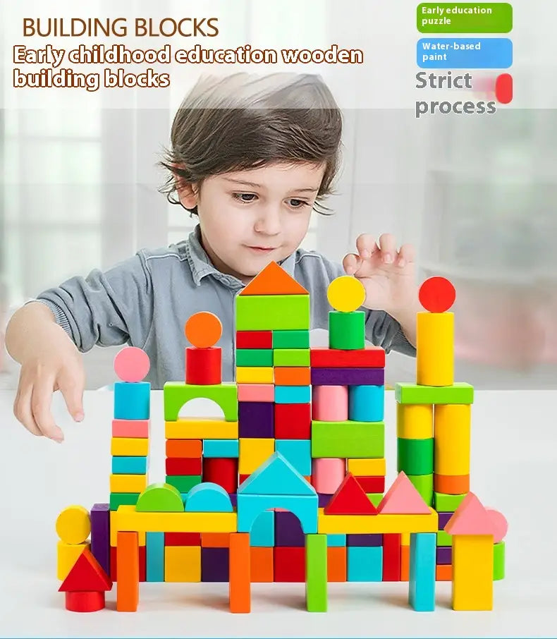 Colorful wooden building blocks arranged in a castle-like structure showcasing the wooden building blocks 100 piece geometric toy set.