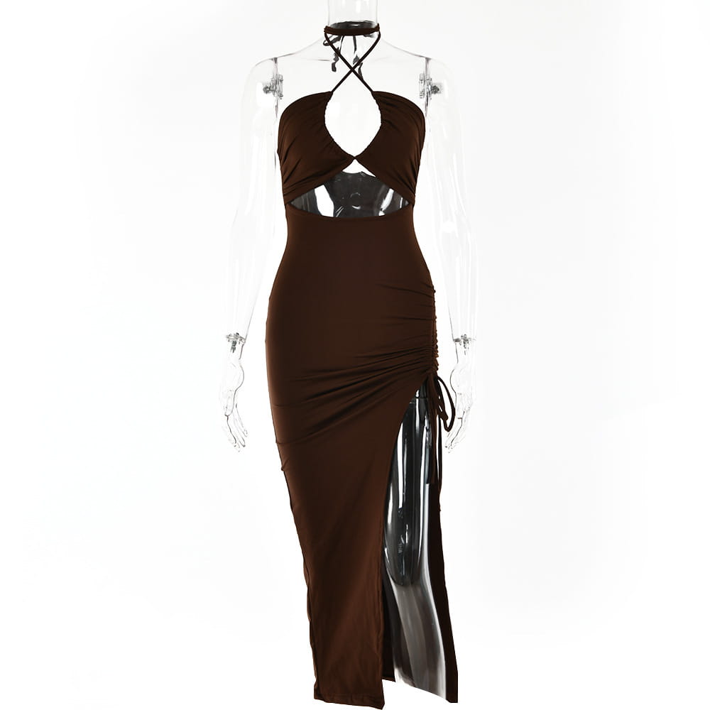 A sleek brown ruched halterneck satin maxi dress with a side slit and form-fitting design.