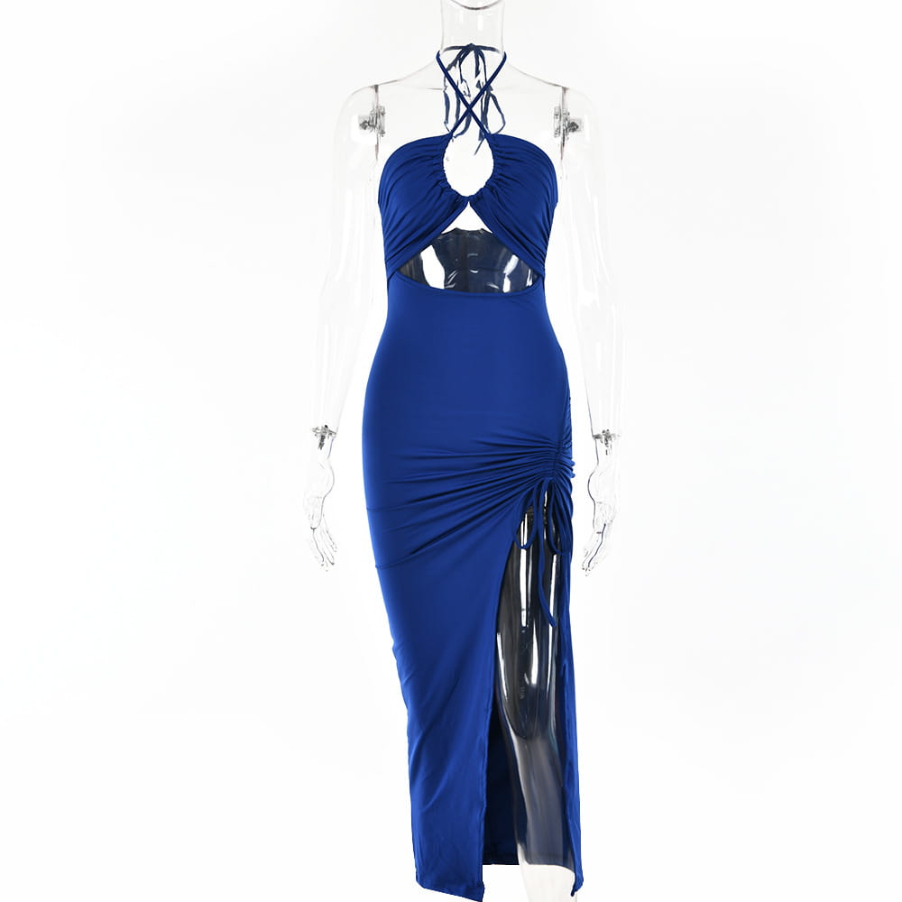 A royal blue ruched halterneck satin split maxi dress with a form-fitting silhouette crisscross neckline and side slit.