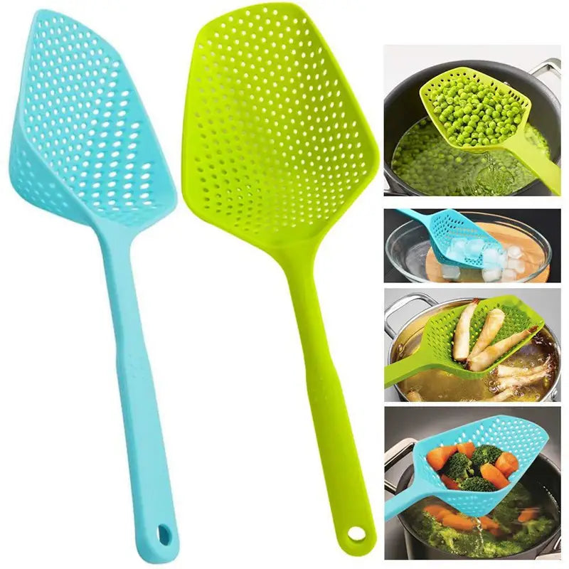 Bright blue and lime green nylon strainer scoop colanders made of silicone with a perforated design for cooking and draining food from pots.