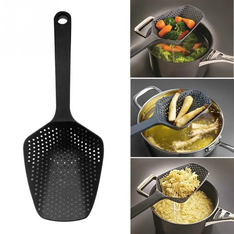 Black plastic nylon strainer scoop colander with a slotted perforated surface and looped handle for cooking and draining food from pots
