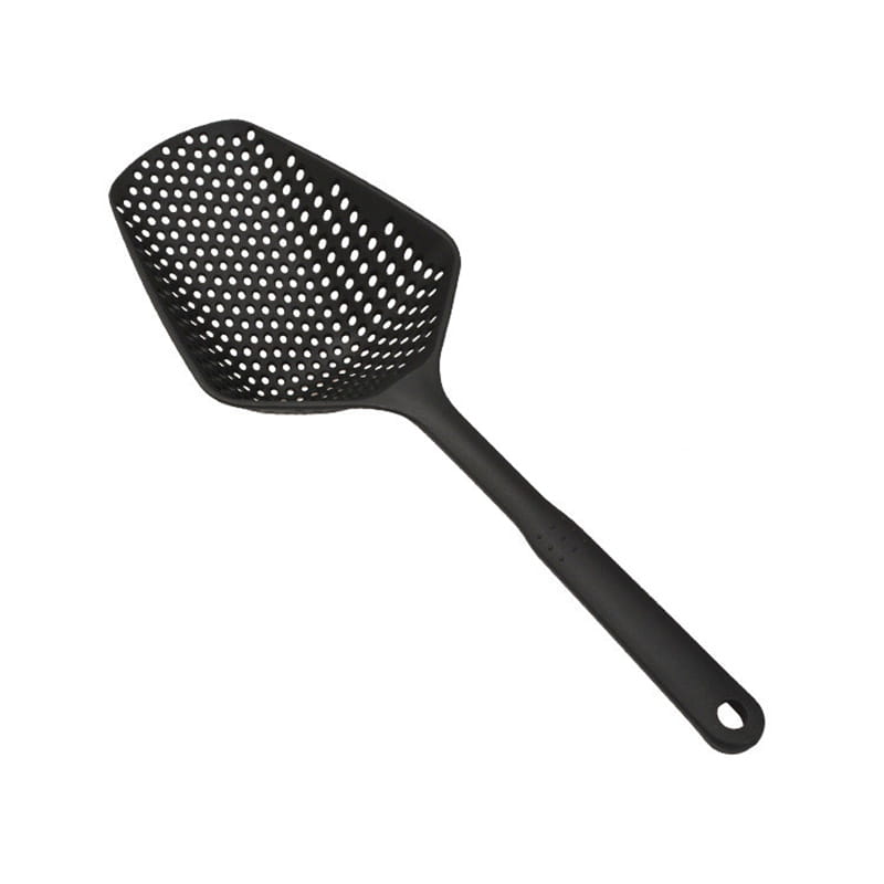 Black silicone nylon strainer scoop colander with a perforated slotted head and ergonomic handle for cooking and draining.