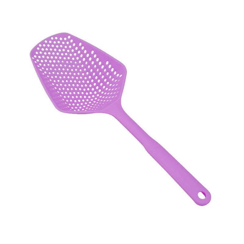 Purple plastic fly swatter with a perforated head and rounded handle designed as a nylon strainer scoop colander for cooking and draining.