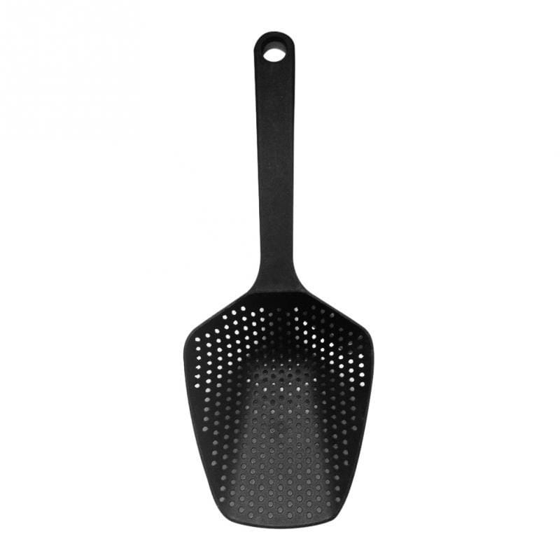 black nylon strainer scoop colander with silicone slotted spoon and looped handle for cooking and draining