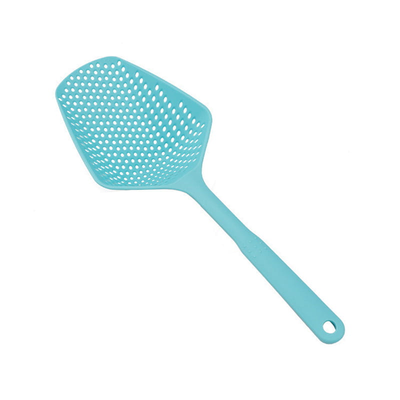 Light blue plastic fly swatter with a perforated head and rounded handle designed as a nylon strainer scoop colander for cooking and draining.