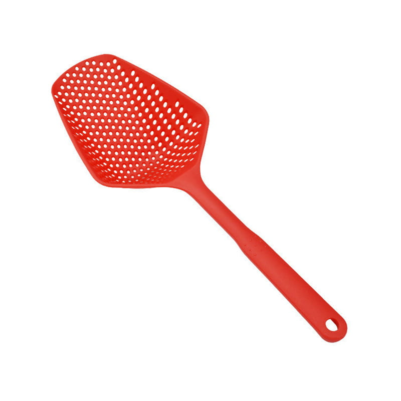 Red nylon slotted spatula with a perforated silicone head and ergonomic handle designed for cooking and draining.