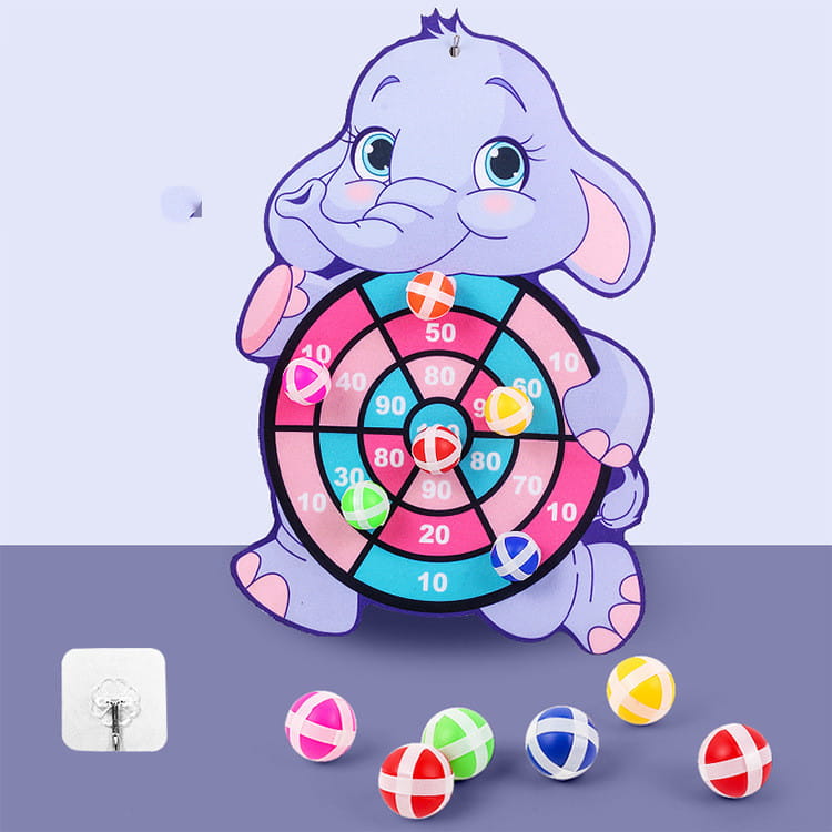 Set mit Cartoon-Klebedartbrett für Kinder mit Zielscheibe: eine farbenfrohe Elefanten-Zieltafel mit segmentiertem Punktescore-Rad und kleinen gemusterten Bällen für spielerisches Zielen und Haftvergnügen.