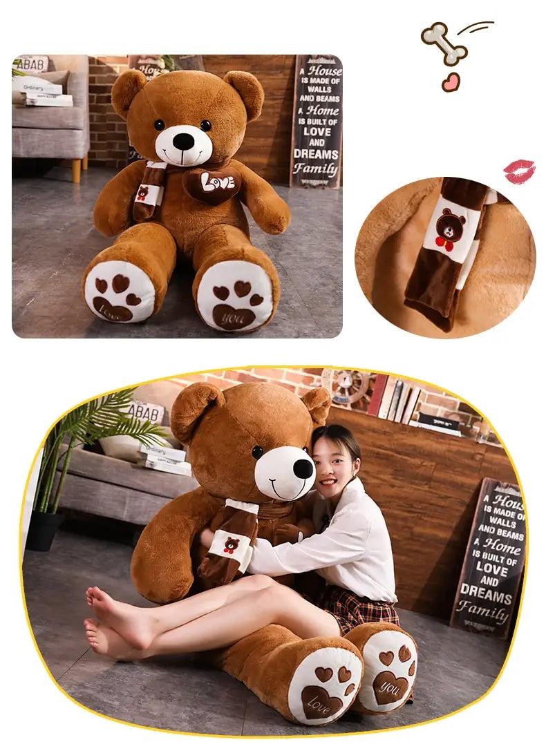 A plush brown teddy bear plush toy with white paw pads and a small chocolate-themed scarf soft stuffed animal doll measuring 60-100cm.