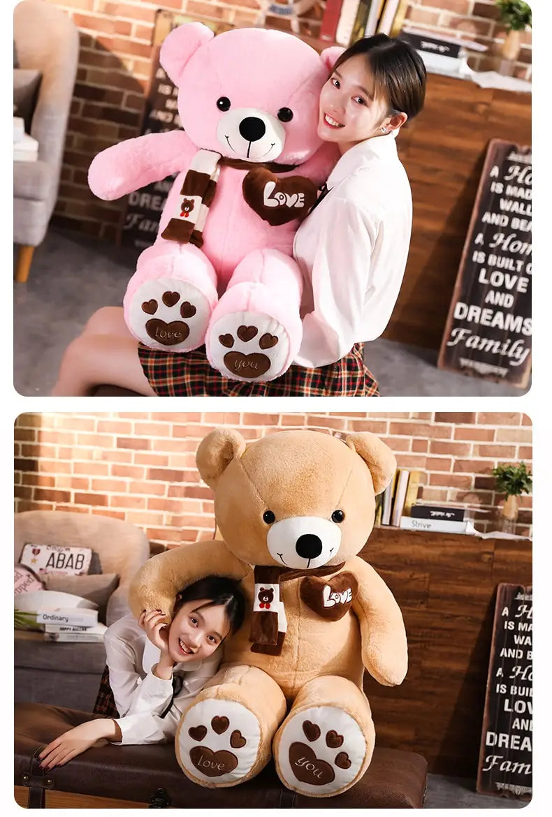 Pink and tan plush teddy bear soft stuffed animal dolls 60-100cm with embroidered love and you paw prints wearing matching scarves.