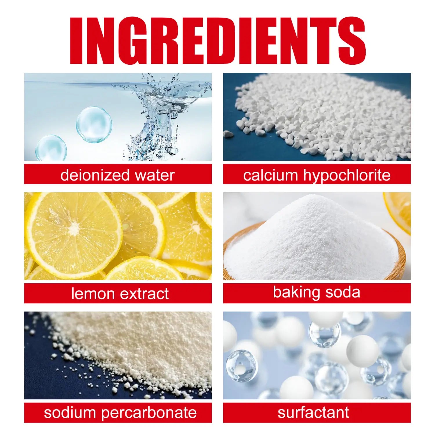 The back side of the mold removal gel bathroom tile and wall cleaner 120g shows a labeled grid of six key ingredients including deionized water, calcium hypochlorite, lemon extract, baking soda, sodium percarbonate, and surfactant.