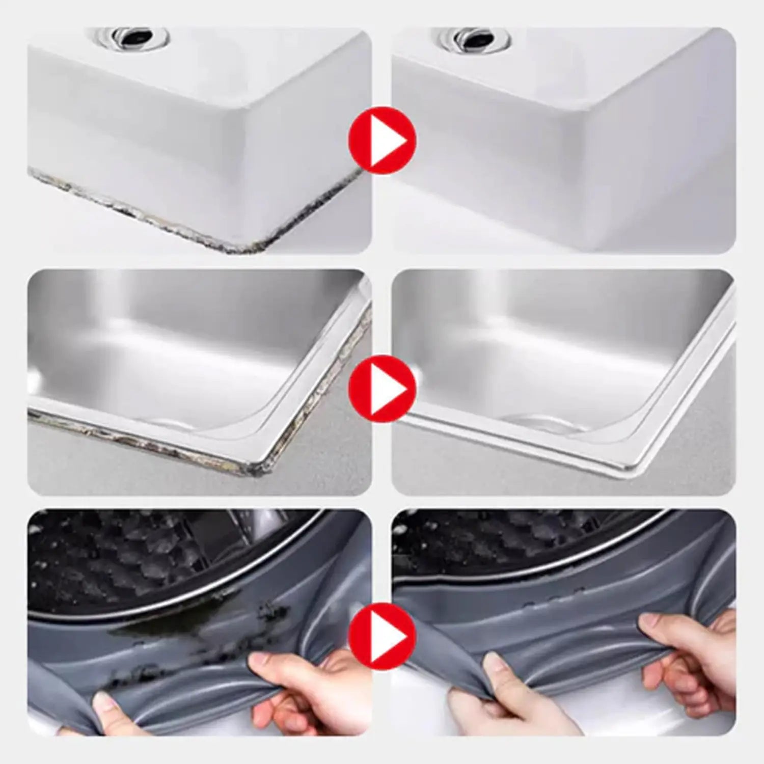 gray silicone sealant strip for kitchen sinks and appliance edges shown alongside mold removal gel bathroom tile and wall cleaner 120g.