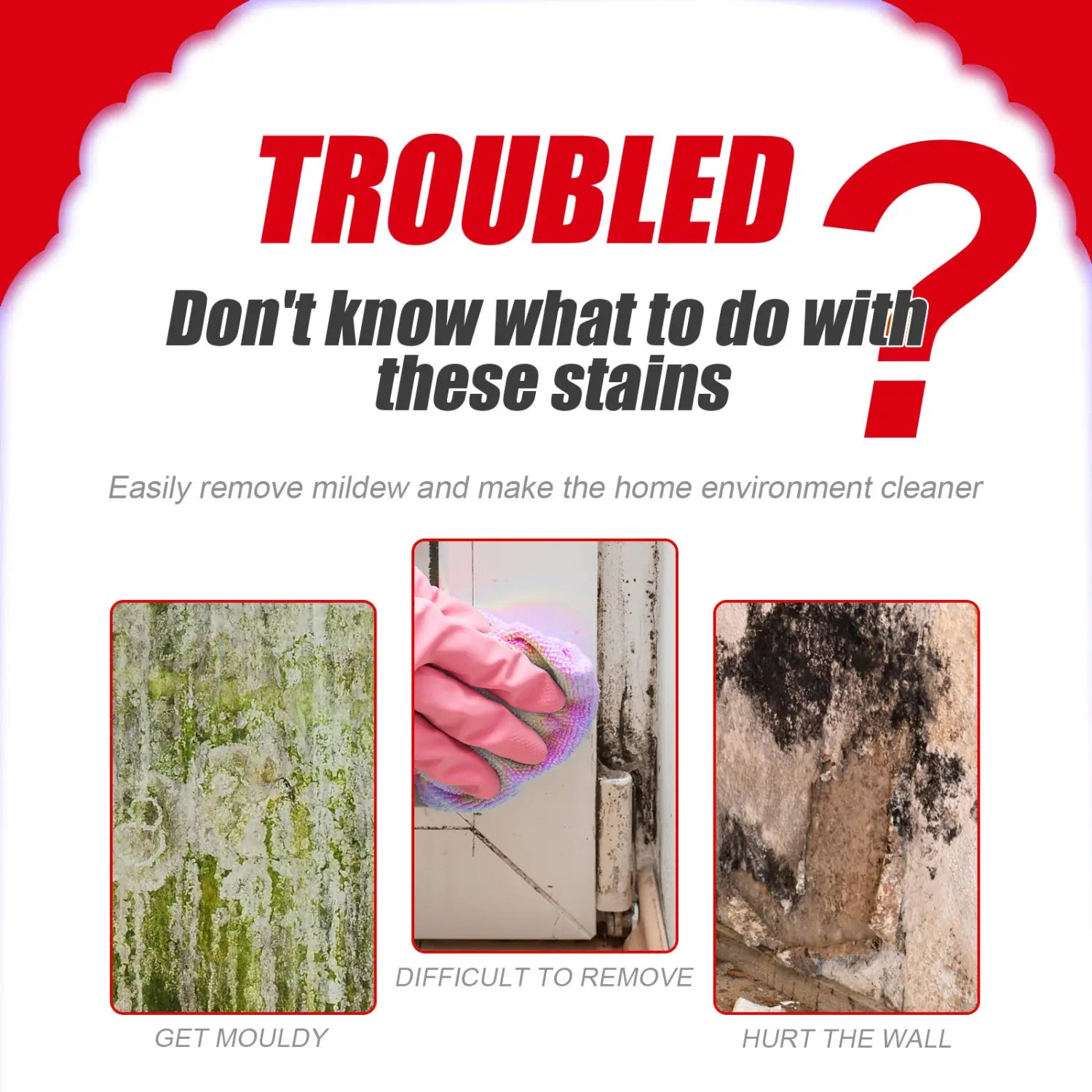red and white advertisement for mold removal gel bathroom tile and wall cleaner 120g mildew remover product