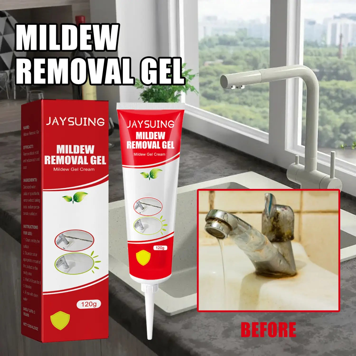 red and white tube of jaysuing mold removal gel 120g for bathroom tile and wall cleaning