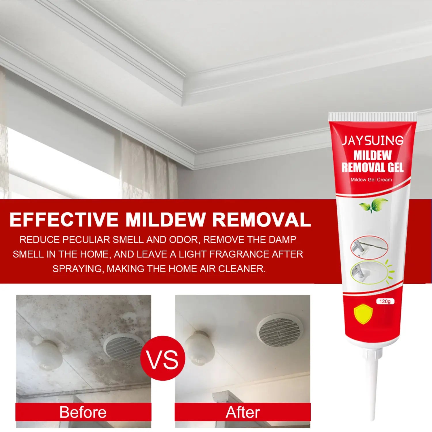 a red and white tube of Jaysuing mildew removal gel 120g for cleaning bathroom tile and wall mold.