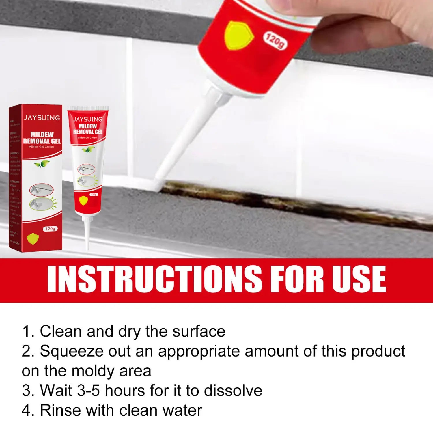 red and white tube of Jaysuing mildew removal gel 120g for bathroom tile and wall mold removal and cleaning