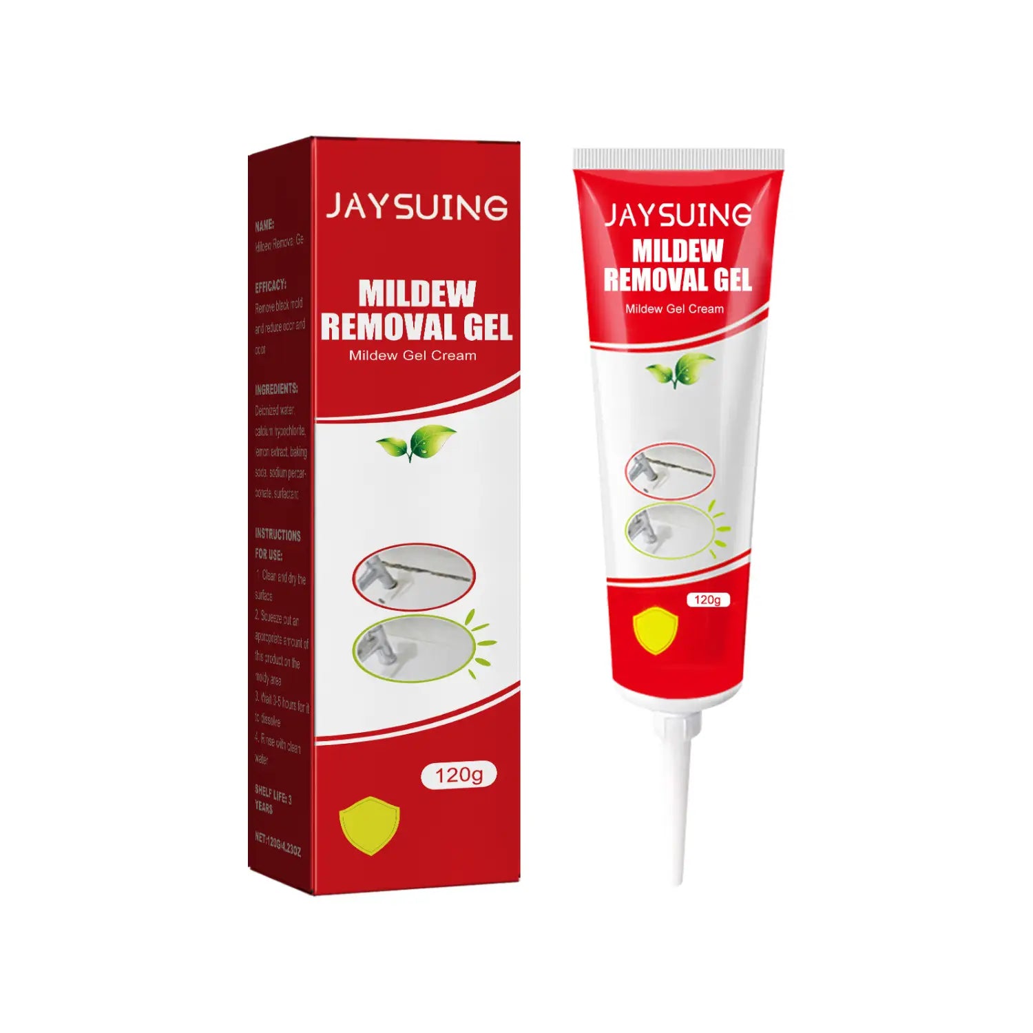 red and white tube of Jaysuing mold removal gel 120g for bathroom tile and wall cleaning.