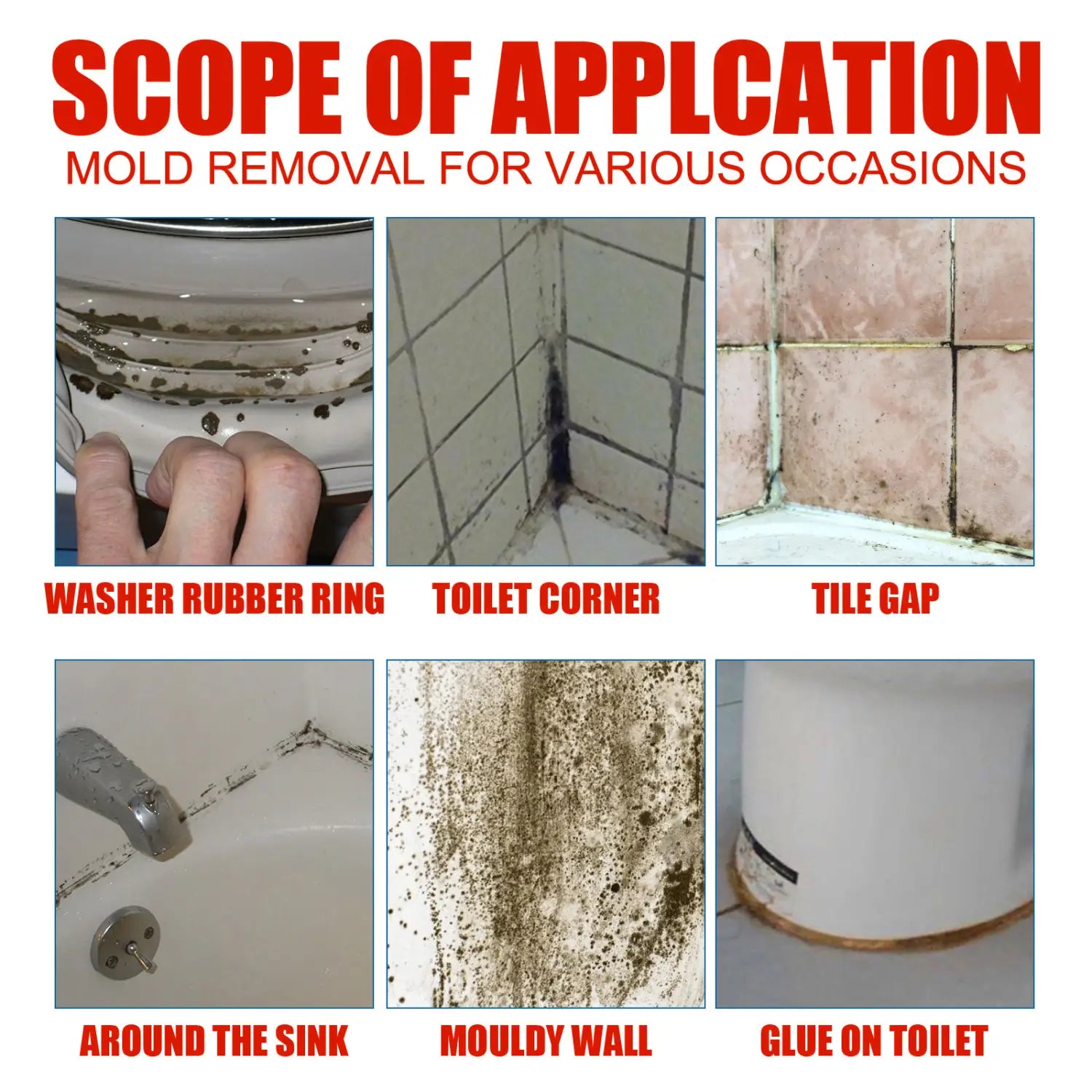 Mold removal gel bathroom tile and wall cleaner 120g showing mold removal solution for washer rubber rings, toilet corners, tile gaps, around sinks, mouldy walls, and glue on toilets.
