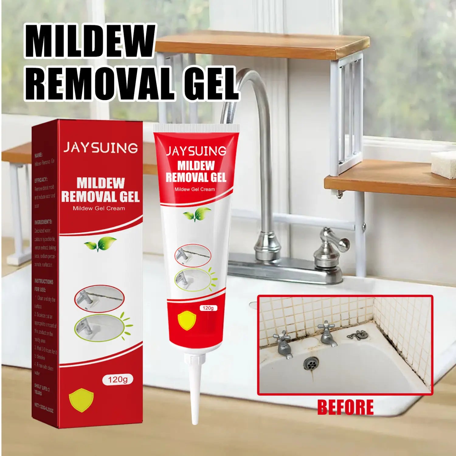a red and white tube of jaysuing mold removal gel 120g designed for bathroom tile and wall cleaning