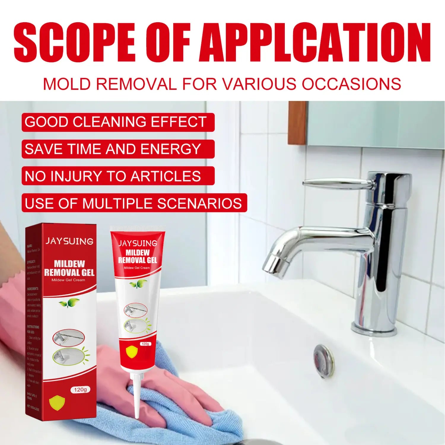 red and white tube of Jaysuing mold removal gel with a nozzle being applied to a sink by gloved hands for bathroom tile and wall cleaning 120g