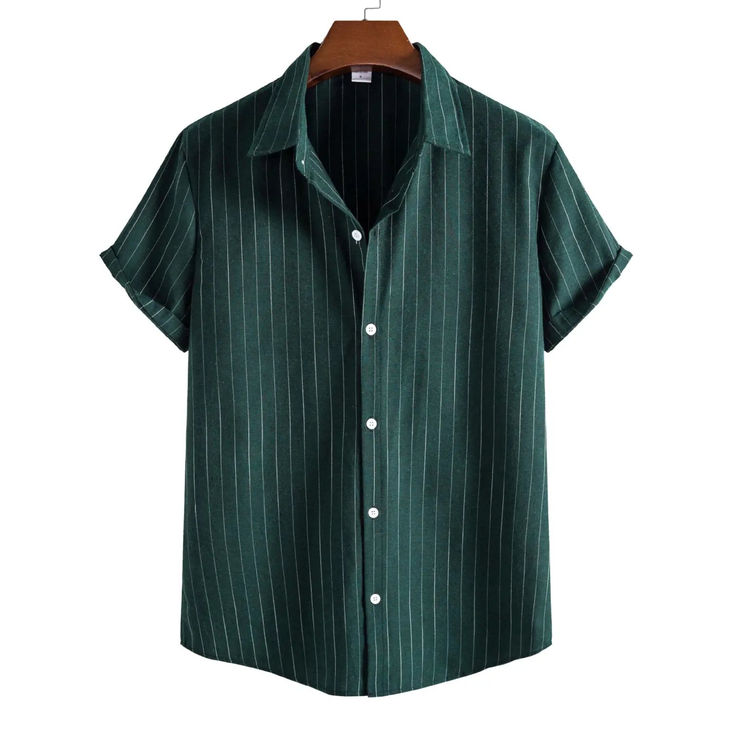 Men’s slim fit pinstripe short sleeve button up shirt in dark green with thin vertical white pinstripes.