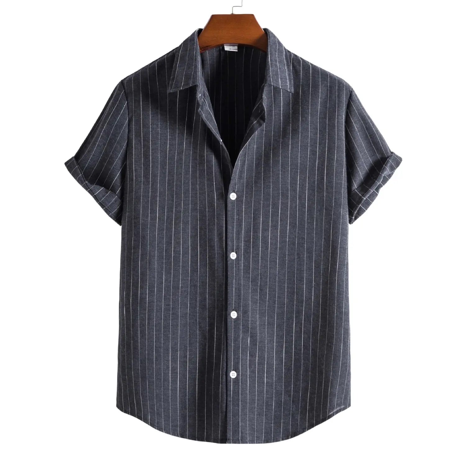 Men’s slim fit pinstripe short sleeve button up shirt in dark gray with fine white vertical stripes and a collar.