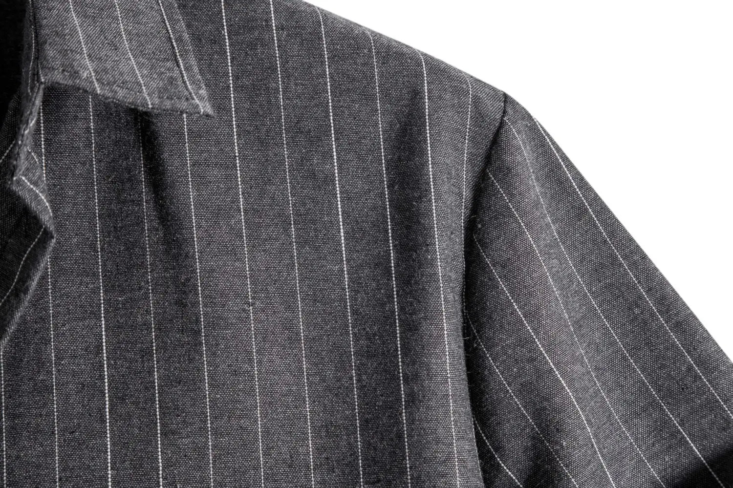 Men’s slim fit pinstripe short sleeve button up shirt in dark gray textured fabric with fine white vertical stripes.