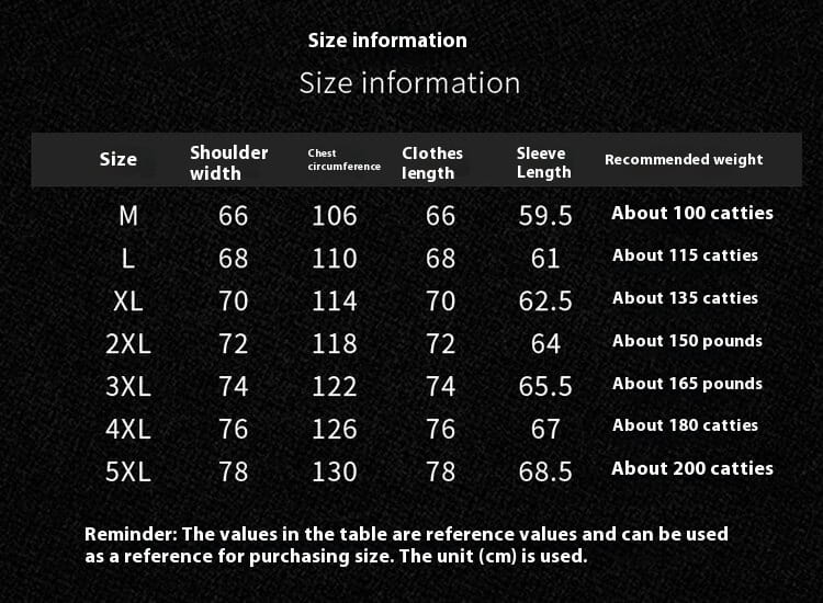 Size information table for men’s ultrathin sun protective sports jacket showing garment measurements in centimeters and recommended weight ranges for sizes m through 5xl.