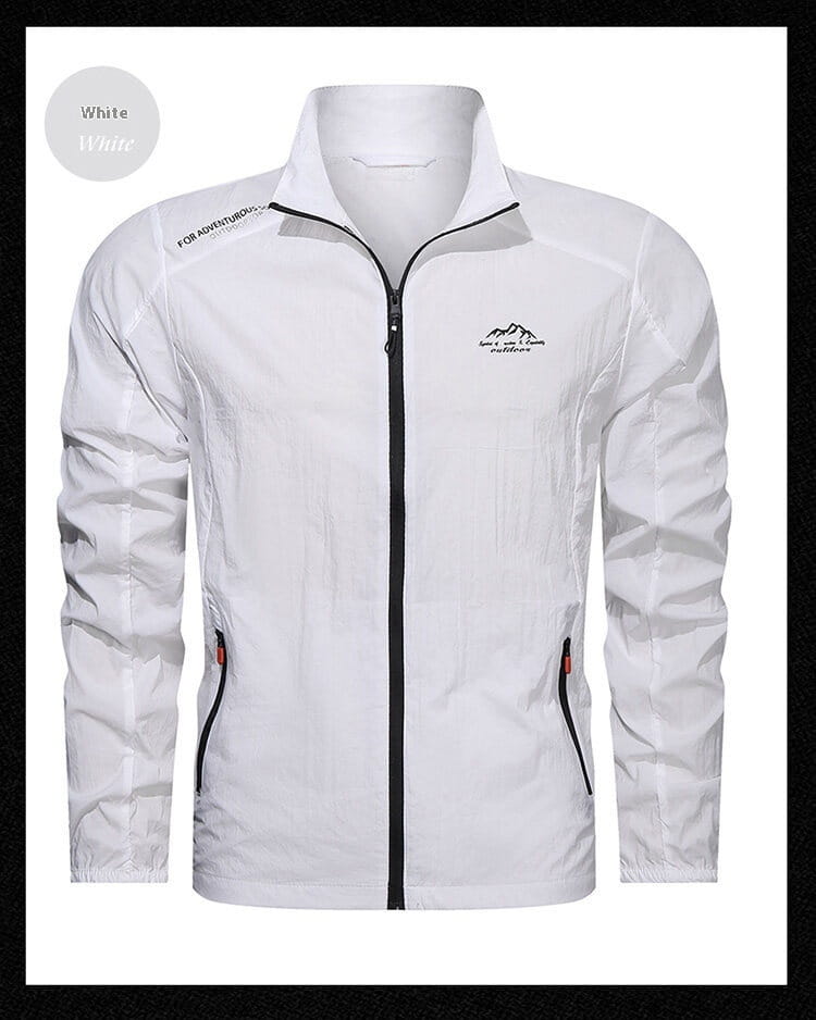 Men’s ultrathin sun protective white zip-up jacket with black zipper and subtle mountain logo on the chest designed for sports use.