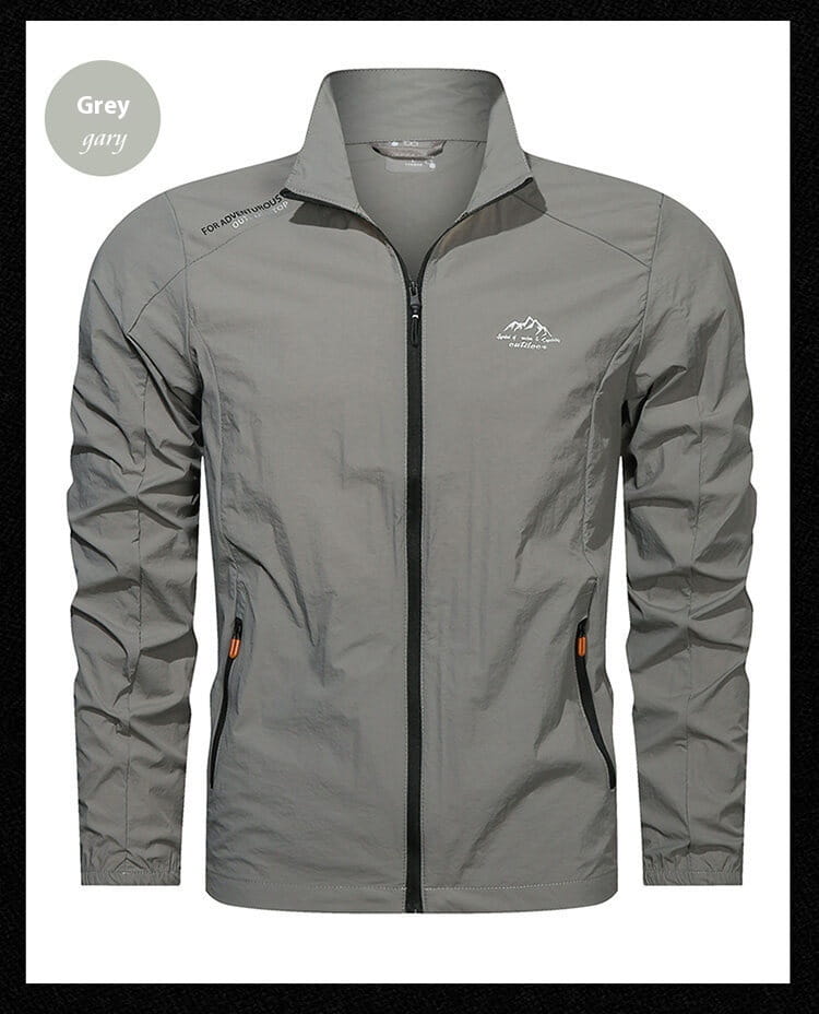 Men’s ultrathin sun protective sports jacket in grey with a subtle mountain logo on the chest and orange zipper pulls.