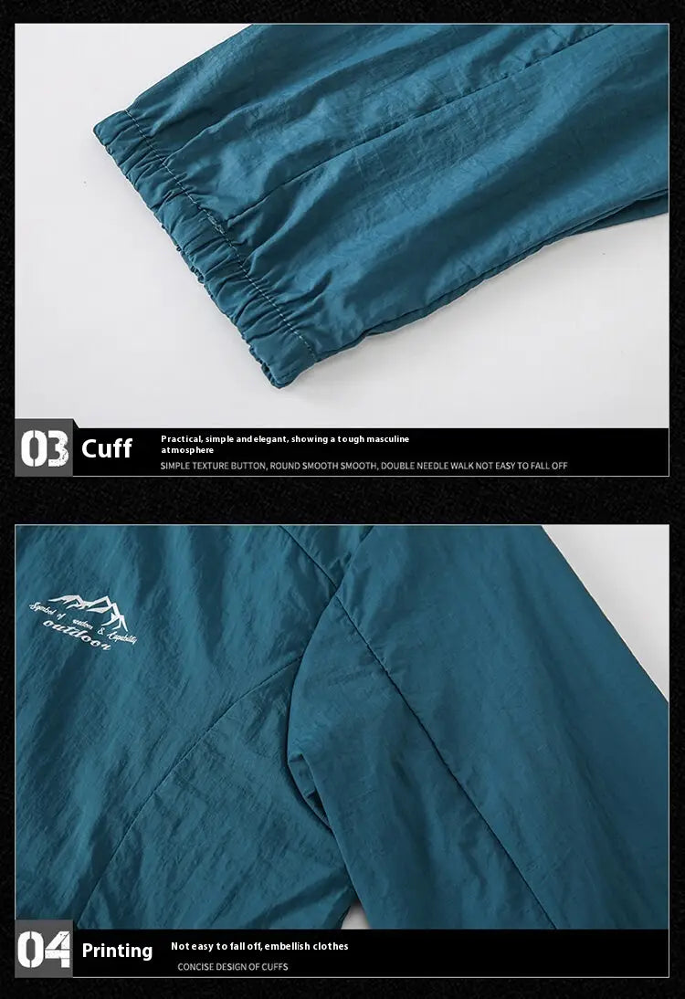 men’s ultrathin sun protective sports jacket shown with teal-colored pants featuring a simple texture button and double needle waistband.