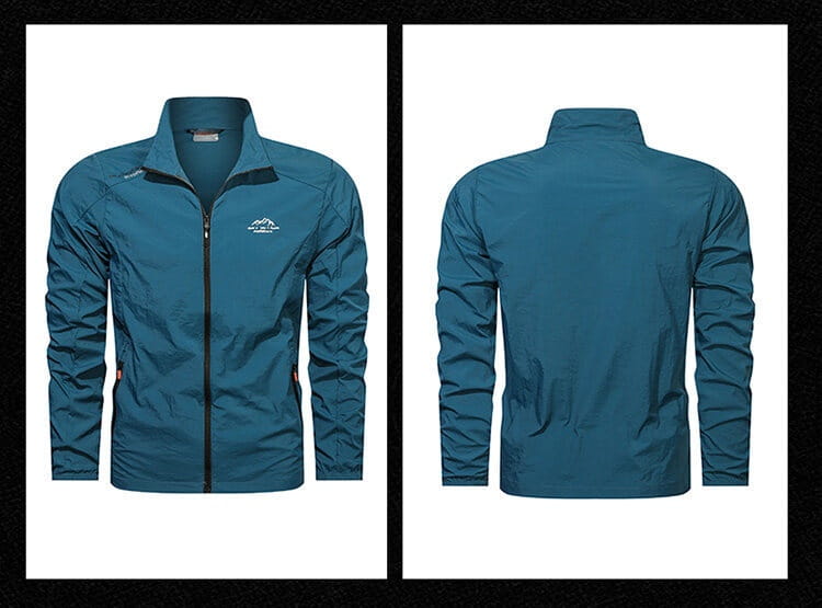 Men’s ultrathin sun protective sports jacket in teal color made of lightweight material with a subtle mountain logo on the left chest.