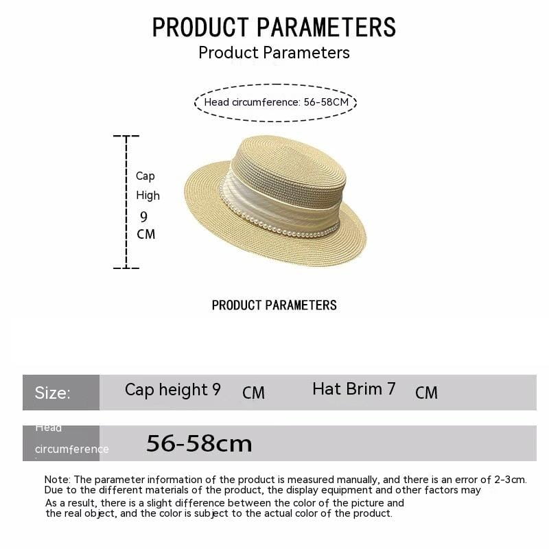 Beige straw boater sun hat for children with a decorative white ribbon band and pearl bow detail.